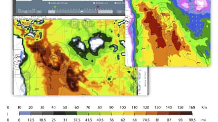TopMeteo PFD, Potential Flight Distance, Streckenflug-Potenzial, Segelflug-Vorhersage, Wetterkarte, Prognosekarte, Wettervisualisierung, Kilometer-Farbskala, Luftfahrtmeteorologie Die Abbildung zeigt die PFD‑Visualisierung (Potential Flight Distance) von TopMeteo vom 28.07.2026. Die farbcodierte Wetterkarte stellt die potenzielle Segelflug‑Streckenlänge in Kilometern mit zugehöriger Meilenskala dar und umfasst eine Legende von 0 bis 160 km sowie Konturlinien. Es handelt sich um einen Screenshot der TopMeteo‑Oberfläche mit Karten‑ und Zeitsteuerung.
