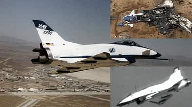 X-31 Forschungsflugzeug im Flug mit Absturzbildern (Montage)