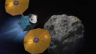 Rendering Sonde Tianwen-2 im All vor Asteroiden