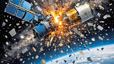 Explodierendee Raumstation nach Kollision mit Waltraumsschrott.