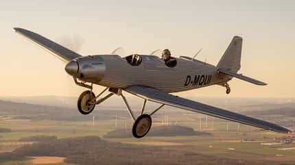 Junkers Aircraft, Junkers A50, MQUI, Air to Air, Sonnenuntergang, DAeC Präsident Claus Cordes Junkers A50 Junior mit Claus Cordes am Steuer
