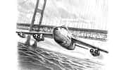 Zeichnung eines RB-47E Stratojet der US Air Force der unter der Mackinac-Bridge hindurchfliegt